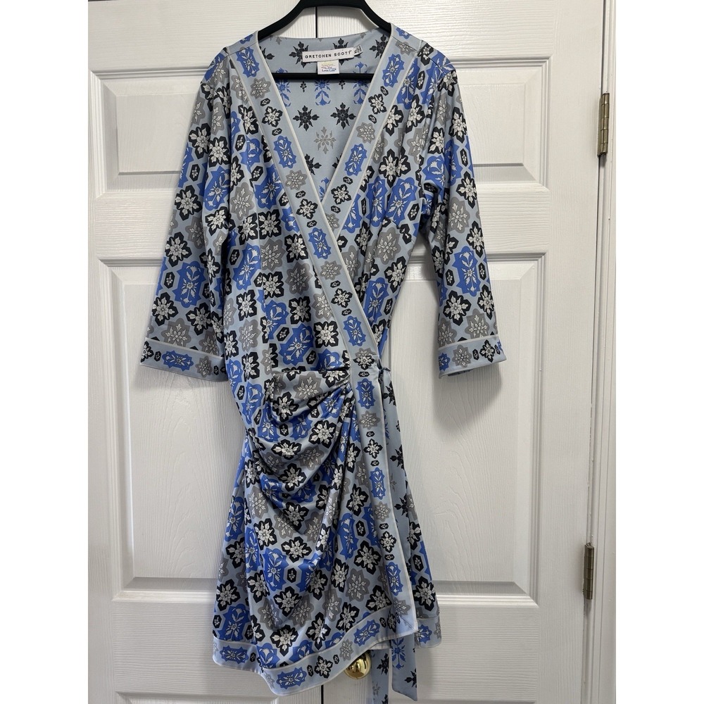 Gretchen Scott Jersey Wrap Dress Geometric Medallion Boho Size XL Blue Gray